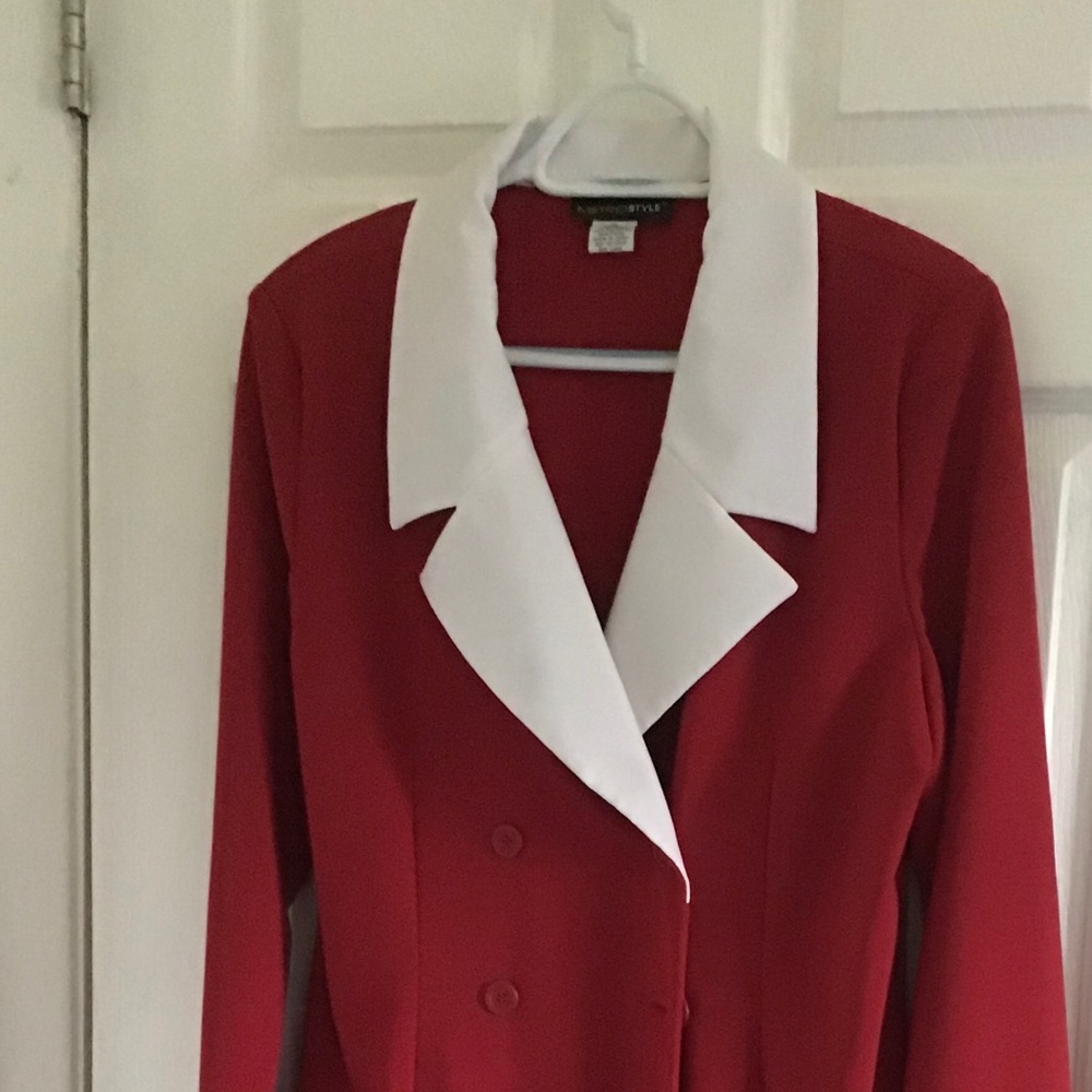 Red white trim coat dress.